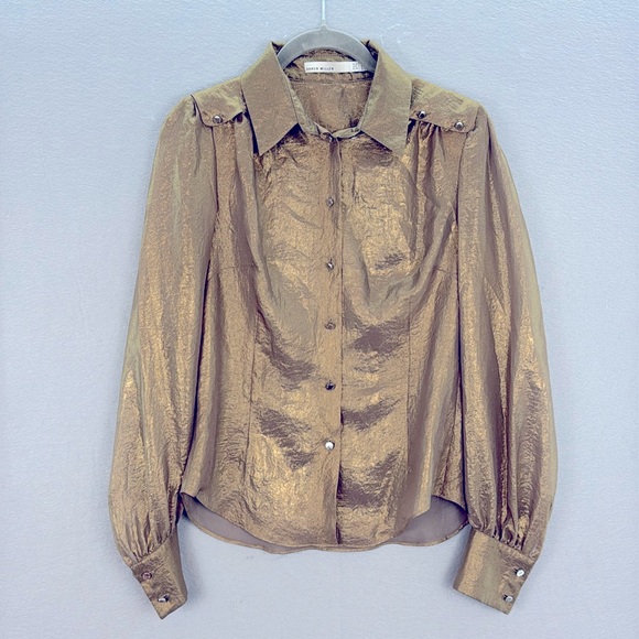 Karen Millen women’s Gold Metallic button-down shirt semi sheer blouse top SZ 6‎ - Picture 3 of 7